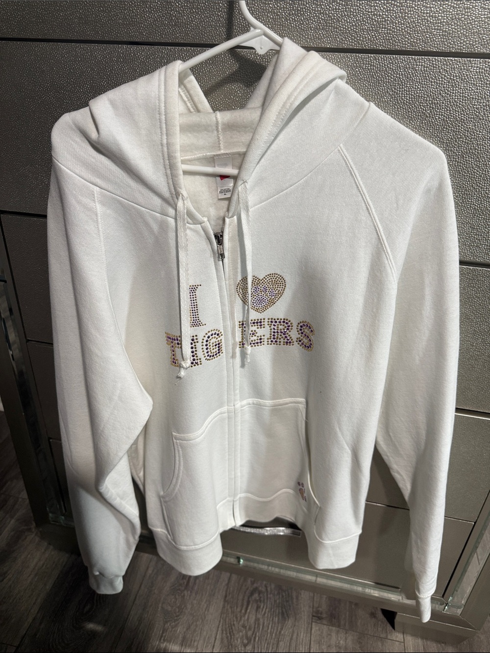 White Zip-Up Hoodie with Rhinestone "I ♥ Tigers"
